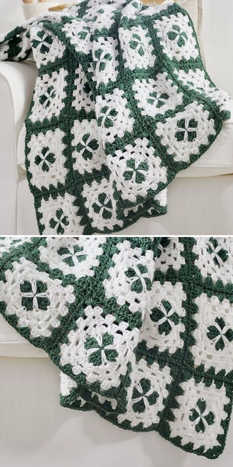 Lucky St.Patrick's Day Decor. How are your St. Patrick's Day projects going? I'm sure you've got room for at least one more fun project and we totally got you covered! Take a look at this pretty afghan in the pictures below. It's made by Premier Yarns and it's made using simple granny squares with smakrock in the center of each one.  #freecrochetpattern #blanket #throw Crochet Fire, Colour Themes, Crochet Throw Pattern, Crochet Rugs, Crochet Afghan Patterns Free, Crochet Afgans, Crochet Blanket Designs, Crochet Blanket Afghan, Crochet Bedspread