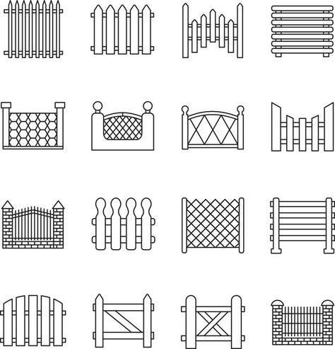 Fence icons set. Simple set of fence vector icons for web design on white background Fence Drawing, Maps Illustration, Trellis Fence, Map Icons, Minimalist Drawing, Aluminum Fence, Background Background, Illustrated Map, Garden Gates