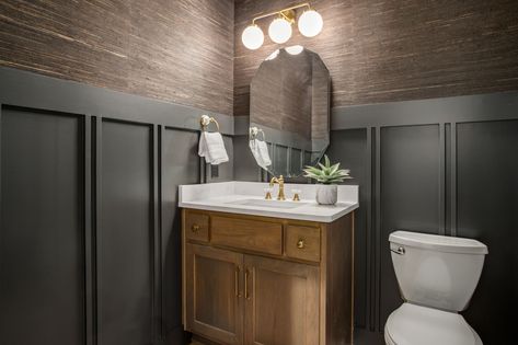 Stonewall Ranch - Farmhouse - Powder Room - Kansas City - by Top Shelf Home Builders | Houzz Powder Room With Paneling, Peppercorn Powder Room, Wainscoting Powder Room, Powder Bathroom Ideas, Farmhouse Powder Room, Black Wainscoting, Half Bath Remodel, Ranch Farmhouse, Powder Room Ideas