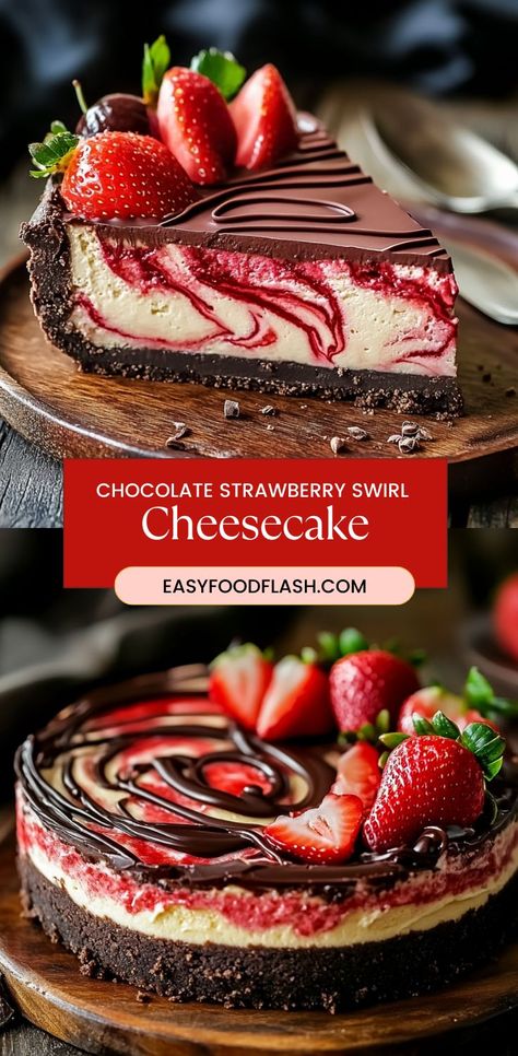 Chocolate Strawberry Swirl Cheesecake is a decadent dessert that combines the best of chocolate and strawberry flavors. With a rich chocolate cookie crust, a creamy cheesecake filling, and a beautiful swirl of chocolate and fresh strawberries, this cheesecake is perfect for any special occasion or a sweet indulgence. Topped with a glossy chocolate ganache and fresh strawberries, this treat is a showstopper that will impress your guests and leave them asking for more. No Bake Chocolate Strawberry Cheesecake, Cheesecake Stuffed With Chocolate Covered Strawberry, Cheesecake Stuffed Chocolate Covered Strawberries, Chocolate Strawberry Cheesecake Recipes, Chocolate Strawberry Dessert Recipes, Valentines Cheesecake Recipes, Strawberry Chocolate Cheesecake, Strawberry Cake Cheesecake, Valentine Cheesecake