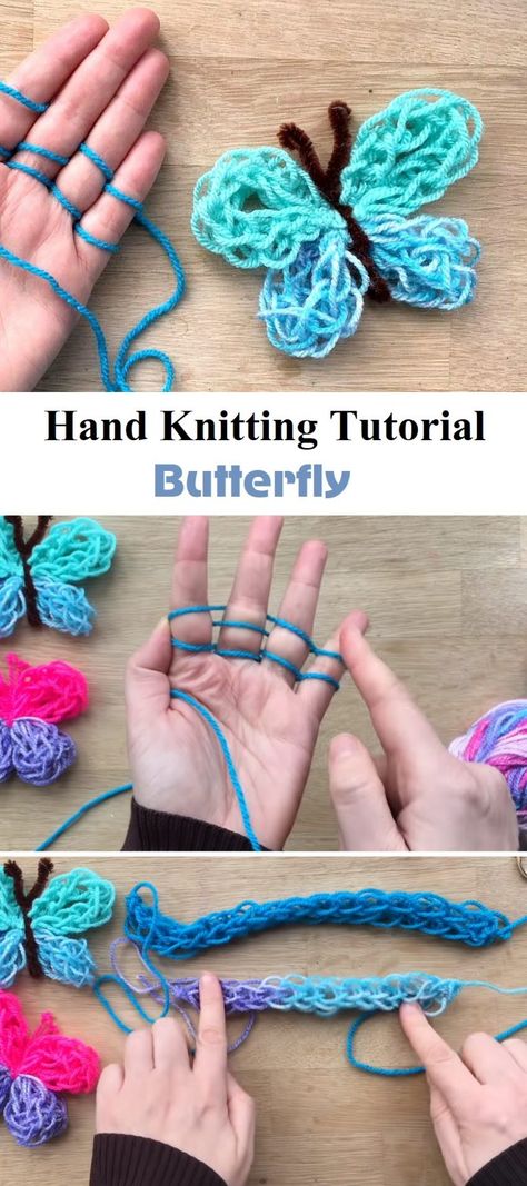 Hand Knitting Tutorial - a Butterfly - Design Peak Arm Knitting Blanket Diy, Finger Knit Scarf, Random Crochet, Crochet Butterflies, Finger Knitting Projects, Crochet Studio, Senior Crafts, Crochet Appliqué, Butterfly Crochet