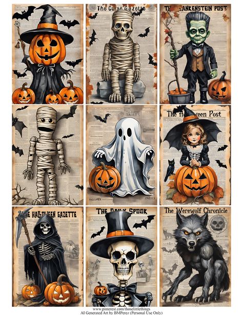 Halloween Dollhouse Printables, Vintage Halloween Ephemera, Vintage Halloween Scrapbook Paper, Halloween Paper Dolls Printable Free, Atc Cards Ideas Free Printable, Vintage Halloween Crafts Diy, Vintage Halloween Printables Free, Free Collage Printables, Collage Sheets Free Printables