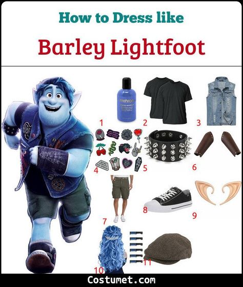 Barley Lightfoot's (Onward) Costume for Cosplay & Halloween 2022 Onward Costume, Onward Barley, Tall Elf, Barley Lightfoot, Blue Skin, Hair Chalk, Costume For Halloween, Arm Guard, Elf Ears