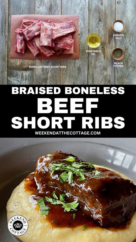 A bowl with a dollop of creamy polenta topped with a braised short rib, plus another image of the ingredients to sear the ribs. Braised Beef Short Ribs Recipe, Short Ribs Braised, Beef Short Ribs Recipe, Prep Snacks, Braised Short Ribs Recipe, Boneless Beef Short Ribs, Braised Beef Short Ribs, Beef Short Rib Recipes, Short Ribs Recipe