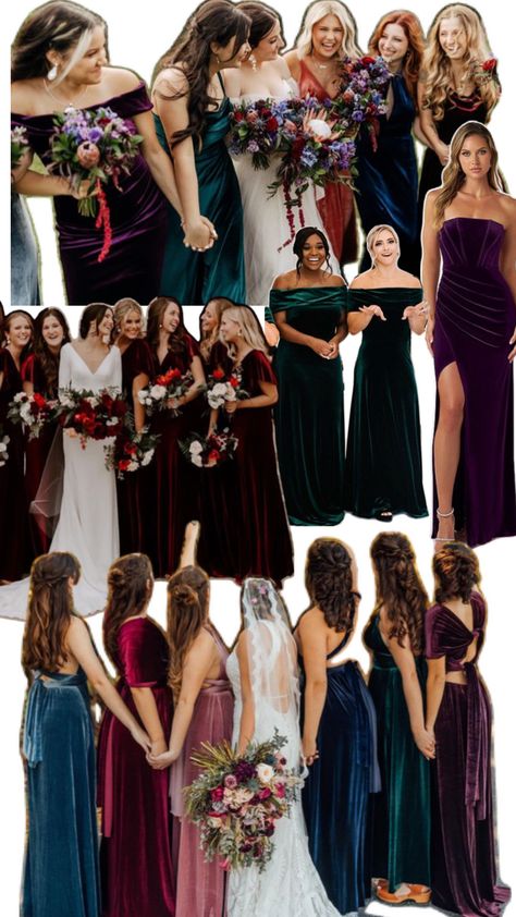 Jewel Tones Bridesmaids, Bright Jewel Tone Bridesmaid Dresses, Velvet Jewel Tone Bridesmaid Dresses, Gem Colored Bridesmaid Dresses, Dark Colored Bridesmaid Dresses, Jewel Tone Wedding Party Attire, Nye Bridesmaid Dresses, Jewel Toned Dresses, Moody Bridesmaids