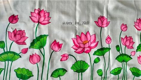 Pichwai Fabric Painting, Border Design For Saree Painting, Hand Painted Dupatta Designs, Lotus Painting On Fabric, Fabric Paint Designs Patterns, Pichwai Lotus Painting, Pichwai Paintings Lotus, Simple Fabric Painting Designs, Pichwai Art Paintings