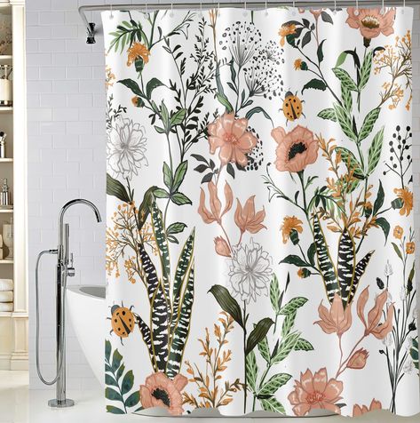 PRICES MAY VARY. Premium Fabric: Made by high-quality polyester fabric, the boho plant shower curtain is soft and comfortable, no fading, no odor. Waterproof: With good water resistance, effectively allows water to easily glide off and makes the green orange flower shower curtain dry quickly. Good Design: Adopting high-definition pattern printing technology, vibrant color and vivid, the bohemian shower curtain has good light transmittance. Rustproof Hooks: 12 plastic hooks are convenient to inst Plant Bathroom, Boho Chic Bathroom, Bohemian Shower Curtain, Fabric Plant, Extra Long Shower Curtain, Long Shower Curtains, Bathroom Shower Curtain Sets, Chic Bathroom, Floral Shower Curtain