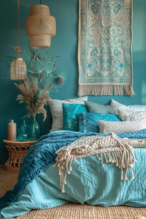 29 Boho Coastal Bedroom Ideas for a Breezy, Beachy Haven 12 Gauzy Curtains, Ocean Inspired Bedroom, Teal And Gray Bedroom, Contemporary Dining Room Decor, Beachy Boho Bedroom, Boho Coastal Bedroom, Coastal Bedroom Ideas, Bed Canopies, Bedroom Turquoise