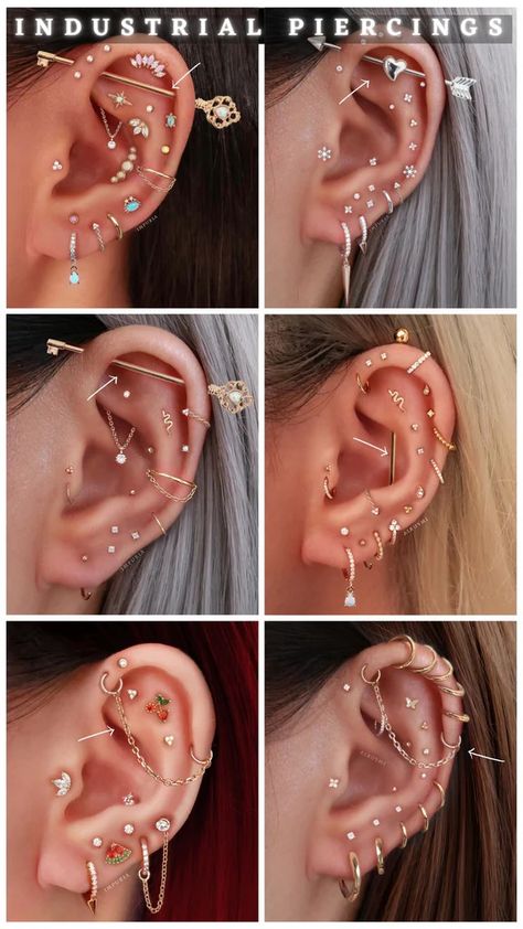 The Complete Guide: Industrial Piercings – Impuria Ear Piercing Jewelry Multiple Ear Piercings Industrial, Ear Curation With Industrial, Ear Piercing Jewelry Ideas, Industrial Piercing Earrings, Ear Piercing Ideas With Industrial, Ear Piercing Industrial, Ear Piercing Curation, Ear Piercing Chart, Impuria Ear Piercing