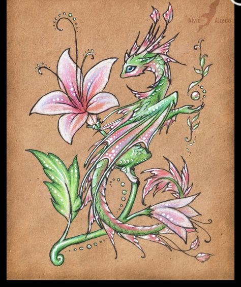 Pink and green dragon Creepy Dragon Tattoo, Pink And Green Tattoo, Plant Dragon Art, Forest Dragon Tattoo, Leaf Dragon, Earth Dragon, Flower Dragon, Dragon Magic, Forest Dragon