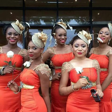 Nigerian bridesmaids Tangerine Bridesmaid Dresses, African Bridesmaids, Alice Bands, African Traditional Wedding Dress, Bridal Squad, African Wedding Attire, Shift Dress Pattern, African Traditional Wedding, Traditional Wedding Dresses