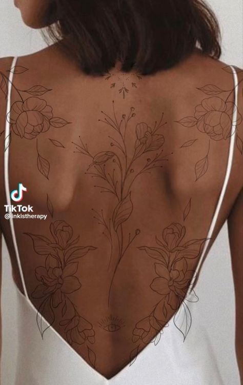 Dainty Full Back Tattoo, Woman Upper Back Tattoo, Large Floral Back Tattoo, Back Tattoo Symmetrical, Fineline Back Tattoo Women, Feminine Tattoos Back, Women Back Tattoos Full, Woman’s Back Tattoo, Flower Back Tattoo Women