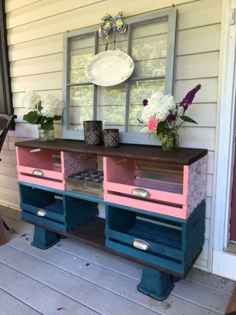 teal and coral wooden crate storage cubbies Crate Bench, Storage Cubbies, Apple Crates, Milk Crate, Milk Crates, Crate Furniture, Cubby Storage, Shoe Racks, Shabby Chic Diy