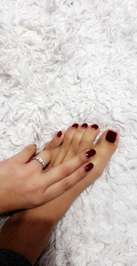 Manicure and pedicure Engagement Pedicure, Natural Manicure And Pedicure, Matching Manicure Pedicure Ideas, Classic Pedicure Colors, Red Nails Feet Pedicures, February Pedicure, Cherry Red Toenails, Old Money Pedicure, Pedicure Color Vino