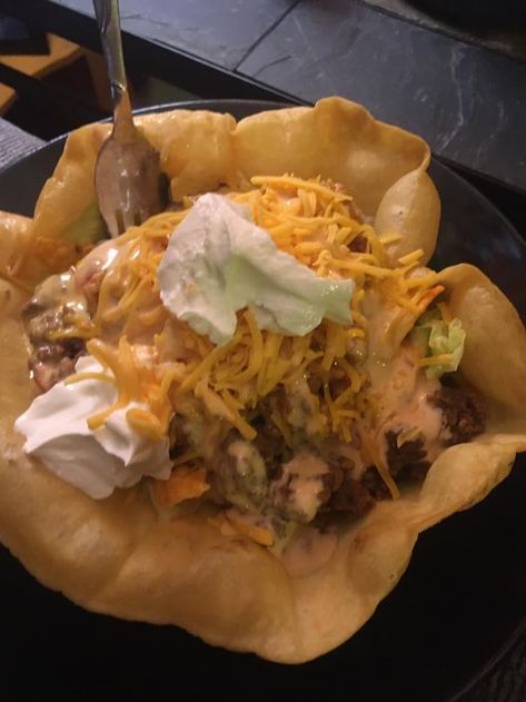 Homemade Taco Salad Recipe – Tnextrecipes Homemade Taco Salad, Taco Salad Shells, Dorito Taco Salad Recipe, Queso Sauce, Easy Cooking Ideas, Crispy Taco Shells, Taco Salad Bowls, Taco Salad Recipe, Steak And Onions