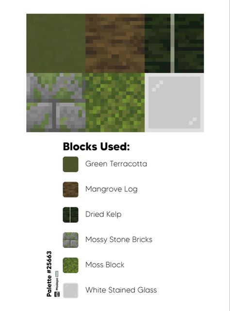 Minecraft Block Pallet - green terracotta, mangrove log, dried kelp, mossy stone bricks, moss, white stained glass. Cottagecore, cute, house build Minecraft Pallets Mangrove, Cottagecore Minecraft Pallet, Minecraft Green Terracotta House, Minecraft Green Block Palette, Bamboo Pallet Minecraft, Minecraft Green Palette, Cottagecore Minecraft Block Pallet, Mangrove Block Palette Minecraft, Mangrove Block Palette