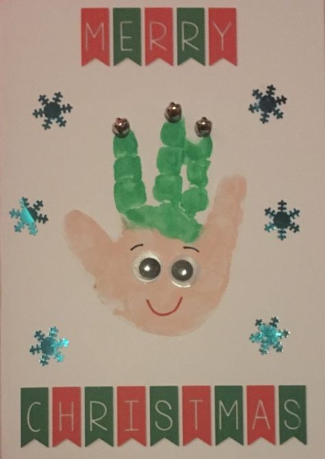 Christmas card - baby/toddler handprints, Elf, green, pink, art, craft, paint, googly eyes, jingle bells Easy Christmas Crafts For Kids, Baby Christmas Crafts, Elf Crafts, Handprint Christmas, Crafts For Toddlers, Christmas Crafts For Toddlers, Cadeau Parents, Christmas Cards Kids, Preschool Christmas Crafts