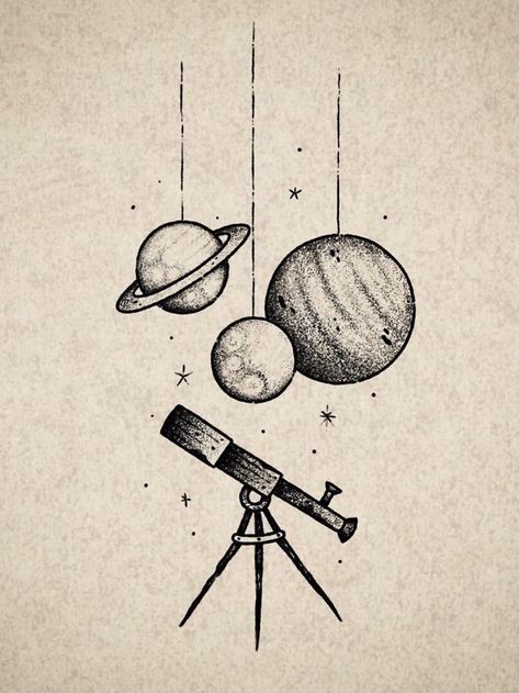 Space And Planets Drawing, Galileo Tattoo Ideas, Miracle Drawing, Telescope Drawing, Space Sketches, Planet Sketch, Space Drawing, Planet Drawing, Space Grunge