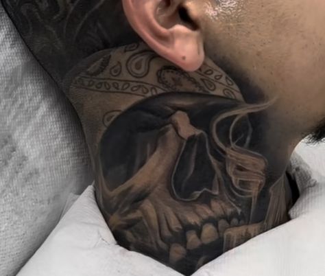 Skull Neck Tattoo For Men, Hood Neck Tattoos, Neck Tattoo For Guys Men, Chicano Neck Tattoos, Back Head Tattoo, Under Neck Tattoo, Mexican Gangster Tattoos, Neck Tat Ideas, Aztec Neck Tattoo