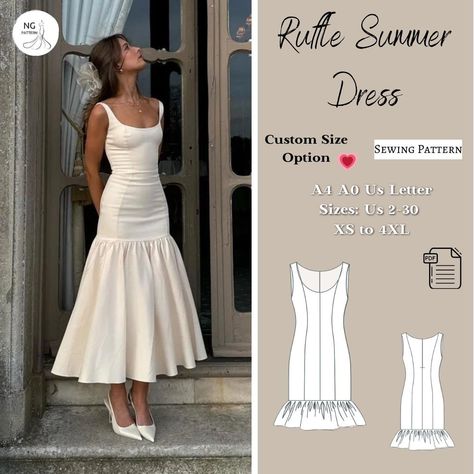 Ruffle Summer Dress sewing pattern in PDF format, offering various size options. Size options include US Sizes from 2 to 30 and Standard Sizes from XS to 4XL, suitable for A4, A0, and US Letter size papers. Upon payment processing, receive automatic download links for the pattern files. Note that this is a digital product, not a finished item; you will receive zip files comprising both patterns and sewing instructions. Don't hesitate to contact me with any questions or concerns! Happy Sewing! :) Classy Dress Sewing Pattern, Adjusting Sewing Patterns, Sewing Wedding Guest Dress, Low Waist Dress Pattern, Summer Outfits Sewing Patterns, Graduation Dress Sewing Pattern, Structured Dress Pattern, Evening Dress Patterns Sewing, Prom Dresses Sewing Patterns