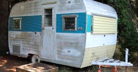 My husband needed a place of his own for working at home, so he bought an old run down trailer and had it remodeled to be his office in our back yard. All the f… Glamper Camper, Building An Addition, Classic Campers, Old Campers, Porch Makeover, Vintage Campers Trailers, Backyard Office, Camper Makeover, Camper Renovation