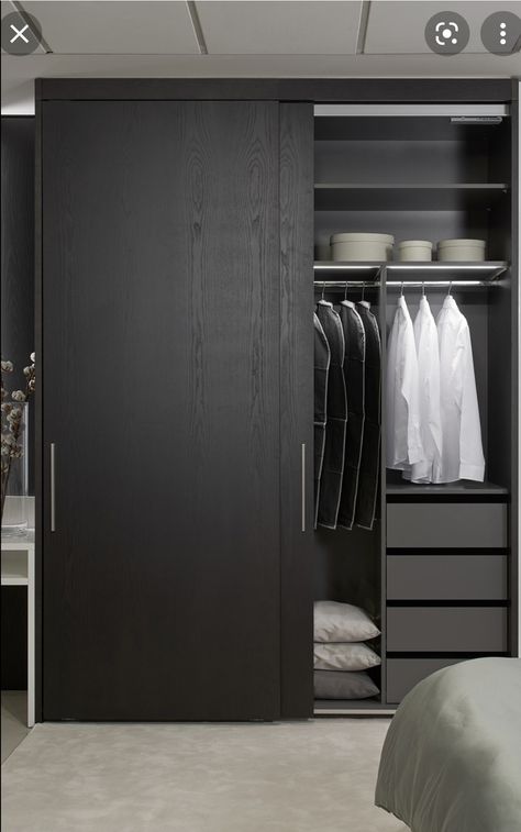 Black Sliding Door Wardrobe, Gray Cupboards Bedroom, Wardrobe Design Bedroom Black, Dark Grey Wardrobe Bedroom, Tv Wall Ideas Minimalist, Black Closet Doors Bedrooms, Grey Cupboards Bedroom, Black Cupboards Bedroom, Dark Grey Closet