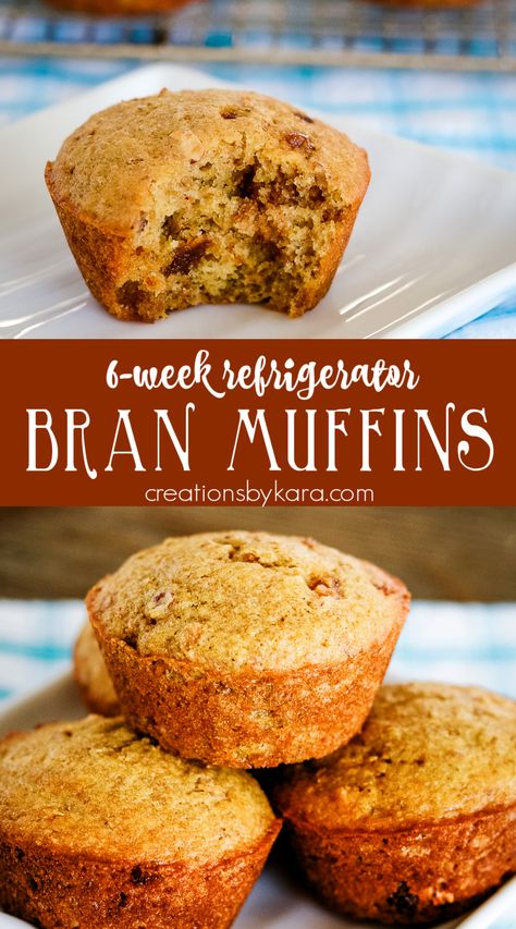 Tried and tested for decades, this is the best 6-week BRAN MUFFIN RECIPE! You store the batter in the fridge, so you can have sweet, delicious, moist bran muffins any time! #branmuffins #refrigeratorbranmuffins #6weekbranmuffin @Creations by Kara 6 Week Bran Muffins Refrigerators, Bran Muffins With All Bran Cereal And Buttermilk, 6 Week Muffin Recipe, 6 Week Bran Muffins, Six Week Bran Muffins, Raisin Bran Muffins Recipes, 6 Week Bran Muffin Recipe, Bran Muffins With All Bran Cereal, Refrigerator Bran Muffin Recipe