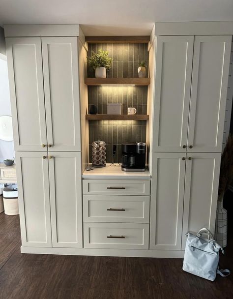 3 Cabinets In A Row, Microwave In Ikea Pantry, Pantry With Built In Microwave, Coffee Bar Cabinets Built Ins, Built In Pantry Cabinet Wall With Microwave, Kitchen Remodel Pantry Cabinet, Pantry Wall With Desk, Stacked Wall Cabinets Pantry, Small Wall Pantry