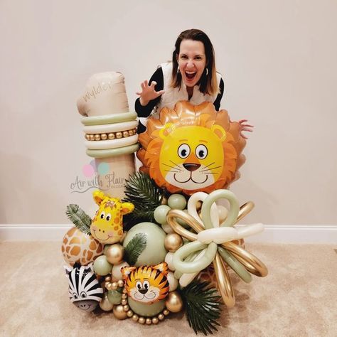 Wild One Balloon Centerpiece, Jungle Balloon Bouquet, Monkey Balloon Bouquet, Lion King Balloons, Balloon Animal Centerpieces, Animal Balloon Bouquet, Party Animal Balloon Bouquet, Woodland Animal Birthday, Holly Springs Nc