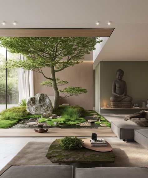 Jardin Zen Interior, Indoor Landscape Design, Zen Interior Design, Indoor Zen Garden, Peaceful Lifestyle, Japanese Inspired Home, Tree Interior, Lotus Garden, Zen Interiors