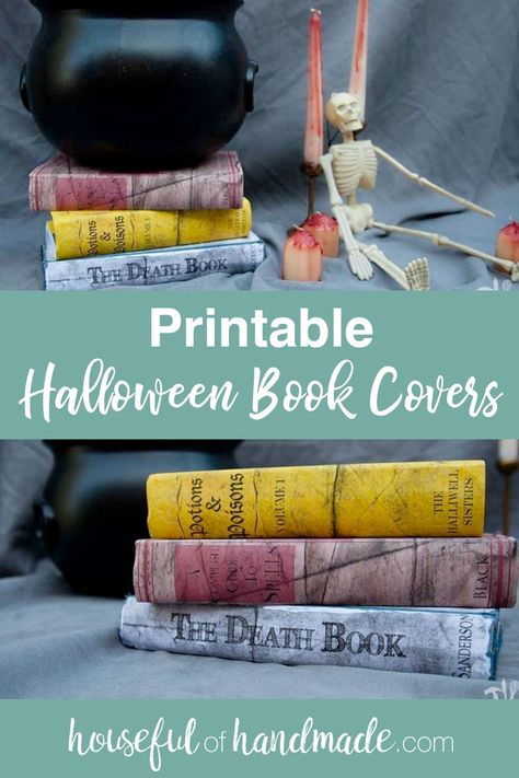 Get ready for Halloween with these easy to assemble printable Halloween book covers. There are three different covers available and can be scaled to fit any book. #HalloweenDecor #PrintableBookCovers #HousefulOfHandmade Diy Spooky Book Covers, Halloween Book Covers Printable Free, Halloween Book Covers, Diy Halloween Book Covers, Diy Halloween Books, Printable Halloween Book Covers, Diy Halloween Spell Book, Paper Bag Book Cover, Halloween Spell Book