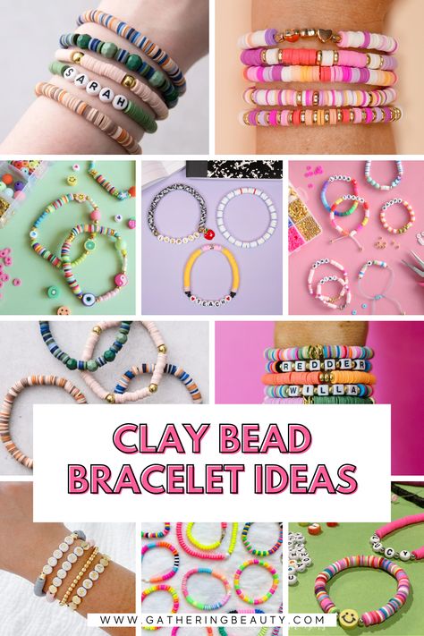 Clay Bead Craft Ideas, Clay Disc Bracelet Ideas, Polymer Clay Bead Bracelet Patterns, Making Beaded Bracelets, Spell Names, Clay Bead Bracelet Ideas, Meaningful Phrases, Bead Bracelet Ideas, Stretch Beaded Bracelets Diy