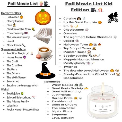 Ultimate Fall Movie List, Halloween Movies To Watch With Boyfriend, Fall Halloween Movie List, Fall Movies And Shows List, Halloween Must Do List, Fall Movies Checklist, Fall Must Watch Movies, Disney Halloween Watch List, Movies To Watch For Fall