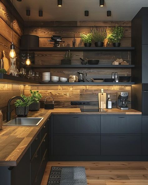 Black Country House Interior, Black Natural Wood Interior Design, Black Kitchen Inspiration Rustic, Black Kitchen Cabinets With Wood Floating Shelves, Wood Countertops Kitchen Black Cabinets, Small Home Dark Interior, Decorated Kitchen Ideas, Wood Slat Kitchen Cabinets, Dark Bohemian Kitchen