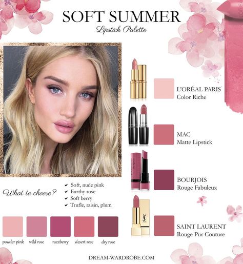 Summer Lipstick Colors, Soft Summer Fashion, Color Analysis Summer, Summer Skin Tone, Soft Summer Makeup, Cool Summer Palette, Light Summer Color Palette, Summer Lipstick, Soft Summer Palette