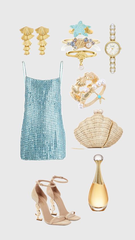 blue, beige, blue sparkly dress, Beach Dinner Ideas Outfit, Coastal Bachelorette Outfit, Seashell Outfit, Sparkly Blue Dress, Sparkly Outfit, Blue Sparkly Dress, Ibiza Dress, Fancy Fits, Gala Outfit