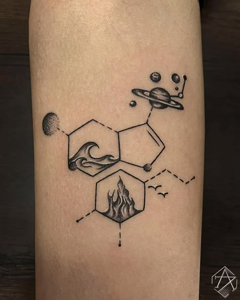 Serotonin Ocean Tattoo, Science Nature Tattoo, Chemistry Tattoo Ideas Beautiful, Chemical Molecule Tattoo, Chemical Element Tattoo, Serotonin Tattoos Unique, Pharmacist Tattoo Ideas, Dopamine Serotonin Tattoo, Dopamine And Serotonin Tattoo Ideas