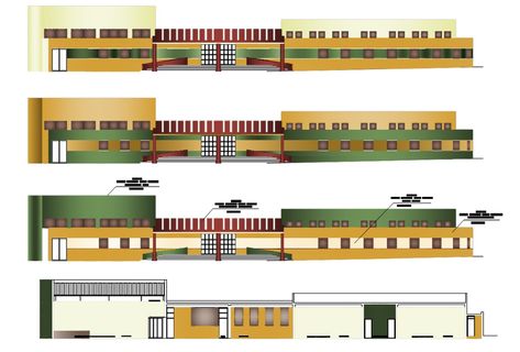 Schools Elevation Design, School Elevation Design Architecture, School Building Elevation, School Elevation, Daycare Flooring, Building Elevation Design, Architecture Model Trees, Floor Plan Symbols, School Building Design