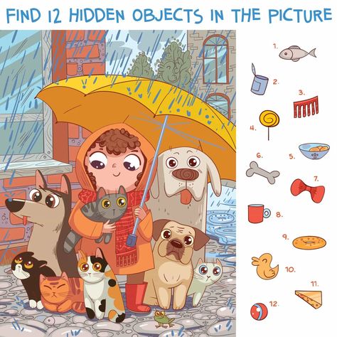 Hidden Objects Pets - Puzzle Prime Hidden Picture Games, Hidden Object Puzzles, Find The Hidden Objects, Hidden Object Games, Funny Cartoon Characters, English Games, Raining Cats And Dogs, Hidden Pictures, Hidden Objects