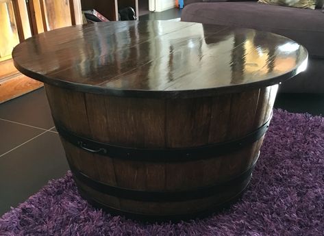 Wine barrel coffee table/blanket box Half Wine Barrel Ideas, Barrel Tables, Coffee Table Blanket, Wine Barrel Coffee Table, Table Blanket, Barrel Coffee Table, Living Room Industrial, Barrel Projects, Wall Stand