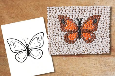 butterfly mosaic template for-bean art Bean Crafts For Kids, Simple Mosaic Templates For Kids, Art Activities For Kids Elementary, Beans Mosaic Art, Bean Mosaic Art, Bean Mosaic Art For Kids, Collages For Kids, Seed Mosaics, Kids Mosaic Art Project