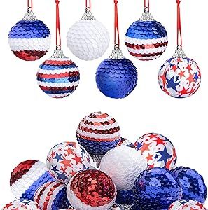 Deloky 24 Pcs Independence Day Sequin Balls Ornaments- 1.57 Inch 4th of July Patriotic Ornaments Hanging Balls- Red White Blue Tree Balls Ornaments for Memorial Day Veteran Day Tree Decorations Patriotic Tree, Blue And White Flag, Festival Atmosphere, Memorial Day Decorations, Sequin Ornaments, White Flag, Blue Tree, Star Ornament, Patriotic Decorations