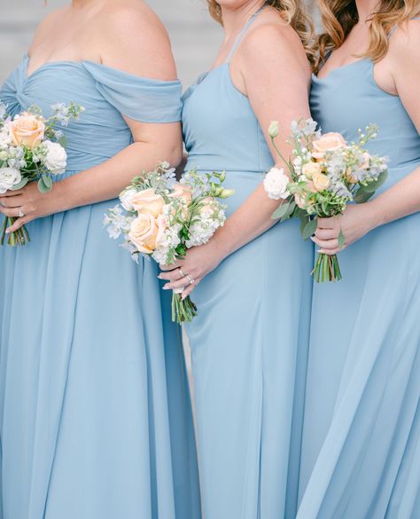 Sweet and petite bridesmaid bouquets. Pastel coral and pale blue with wispy, whimsical greens! Petite Bridesmaid Bouquet, Pale Blue Bridesmaid Dresses, Pastel Bridesmaids, Pastel Bouquet, Rose Peach, Bridesmaid Bouquets, Pastel Roses, Pastel Wedding, Blue Bridesmaid Dresses