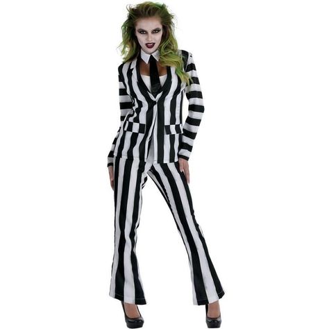 Embrace the eerie charm of Beetlejuice with this Beetlejuice Costume. The stylish black and white striped suit includes a jacket with removable sleeves a collar with an attached tie suspenders and flared pants. Perfect for a night of hauntingly good fun this costume will make you stand out at any Halloween party. pbWomen's Beetlejuice Costume product details:-b-p ul li6-piece set ul liJacket-li li2 sleeves-li liSuspenders-li liPants-li liCollar with attached tie-li -ul -li li100% polyester-li liDoes not include shoes-li liReview the size chart for sizing information-li -ul pbCare Instructions:-b-p ul liRemove accessories before washing-li liHand wash cold with like colors-li liLine dry-li liDo not bleach or iron-li -ul Beetlejuice Halloween Costume, Top 10 Halloween Costumes, Beetlejuice Costume, Black Halloween Costumes, Halloween Costumes To Make, Costume Carnaval, Black And White Suit, Beetlejuice Halloween, Peplum Styles