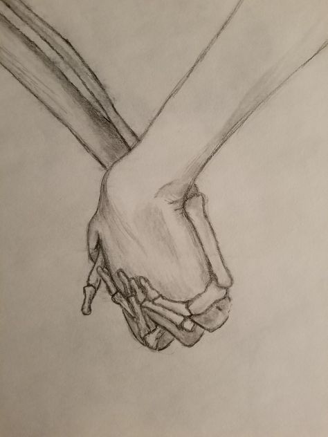 Holding hands graphite drawing skeleton bones art Human And Skeleton Holding Hands, Person Holding Something Drawing, Skeleton Holding Hands Tattoo, Tied Hands Drawing, Skull Love Tattoo, Skeleton Hand Holding Something, Skeleton Holding Hands, Drawing Ideas Hands, Skeletons Holding Hands