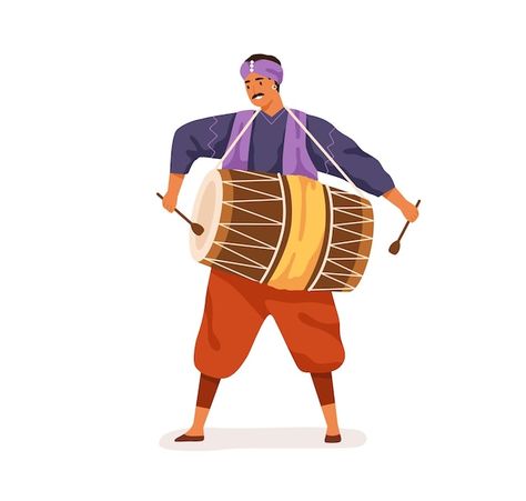 Indian musician playing big dholak drum ... | Premium Vector #Freepik #vector #indian-character #turban #cartoon-indian #traditional-music Drums Cartoon, Bengali Art, Happy Man, Flat Vector Illustration, Flat Vector, Folk Music, Street Artists, Vector Photo, Transparent Png