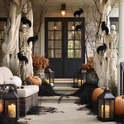 Yard Pumpkin Decor, Halloween Skeleton Front Porch, Spooky Chic Halloween Decor Outdoor, Skull Outdoor Decor, Halloween Decor Outdoor Front Porches, Halloween Porch Stairs, Fall Porch Lanterns Decor, Halloween Porch Columns, Gothic Halloween Porch