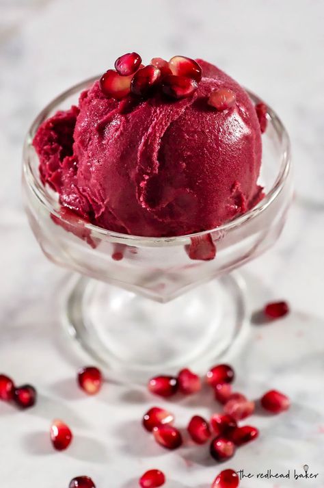 Pomegranate sorbet is a sweet-tart dessert that's naturally fat-free! Garnish with pomegrante seeds and a sprig of mint for a refreshing treat. Pomegranate Ice Cream, Non Sweet Dessert Ideas, Fruit Desserts Recipes, Pomegranate Dessert Recipes, Christmas Sorbet, Pomegranate Sherbet, Pomagranet Recipe, Pomegranate Sorbet Recipe, Pomegranate Recipes Dessert