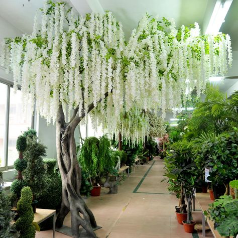 Indoor Wisteria, Artificial Trees Indoor Decor, Fake Tree Decor, Indoor Fake Tree, Artificial Trees Outdoor, Fake Wisteria, White Blossom Tree, Pink Wisteria, Hanging Wisteria