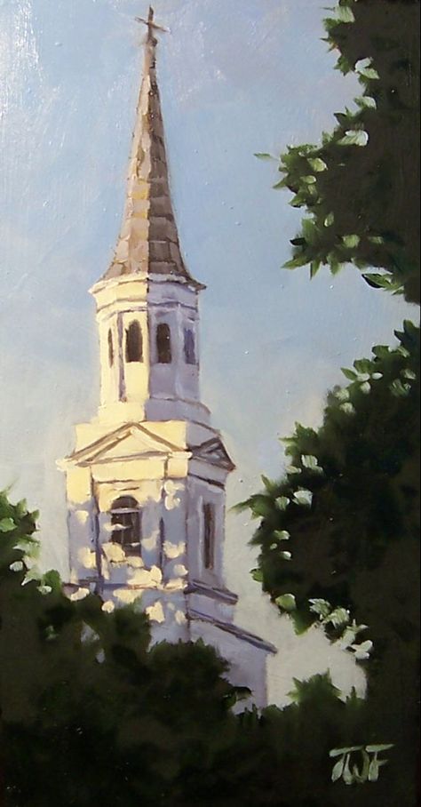 Charleston Watercolor Paintings, Church Watercolor Painting, Paintings Of Churches, Chapel Painting, Church Watercolor, Church Drawing, Church Illustration, Christian Canvas Paintings, Church Artwork